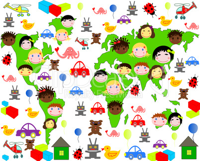 Persons of children of different races on the map of the world with toys