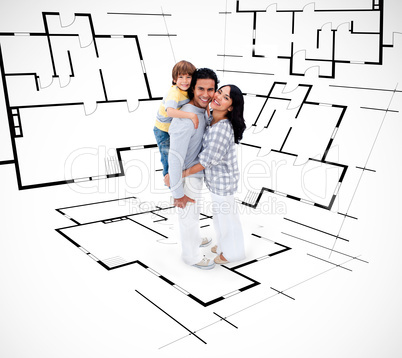 Smiling family against an architectural plan background