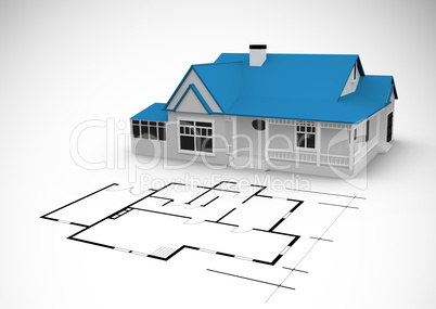Blue house behind an architectural plan