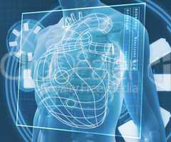 Blue digital body with heart diagram