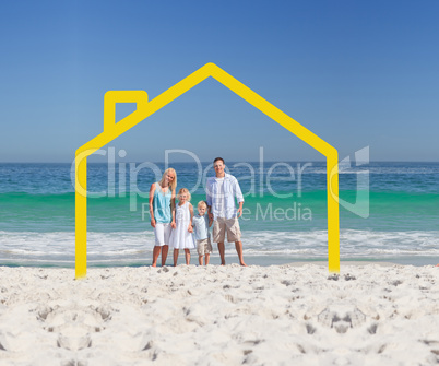Family posing with a yellow house illustration