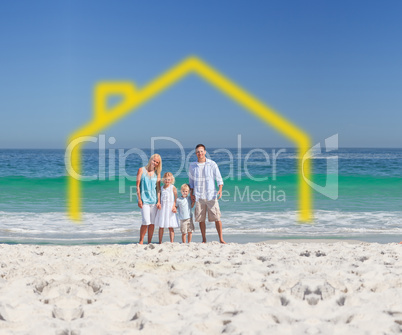 Standing family with drawing house