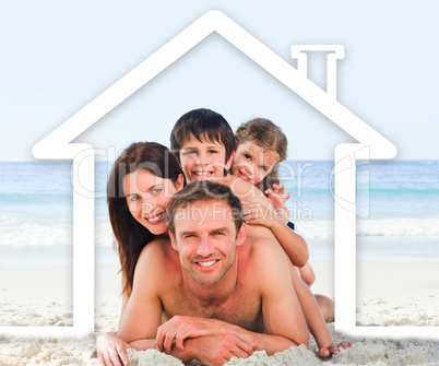 Family on the beach with a white house illustration