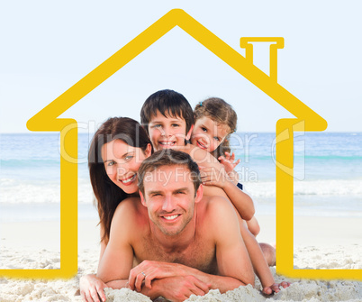 Family on the beach with yellow house illustration