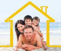 Family on the beach with yellow house illustration
