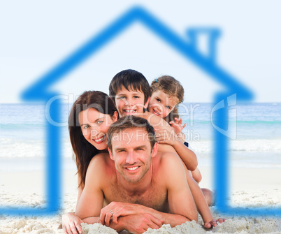 Family on the beach with blue house illustration