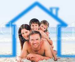 Family on the beach with blue house illustration