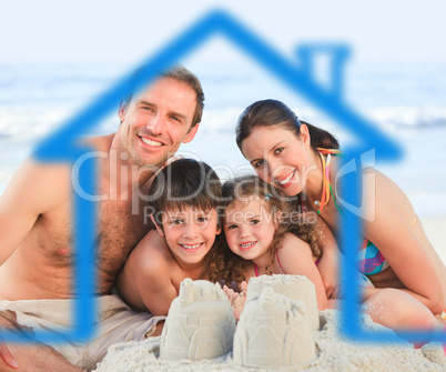 Family on a beach with blue house illustration