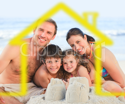 Family on a beach with yellow house illustration