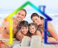 Family on a beach with colored house illustration