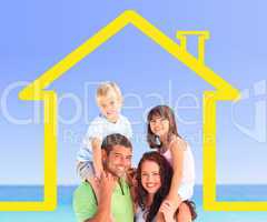Smiling family posing with a yellow house illustration