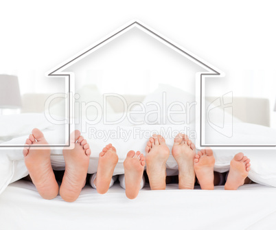 Feet family in the duvet with house illustration