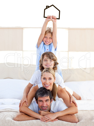 Jolly family having fun with black house illustration