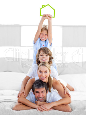 Jolly family having fun with green house illustration