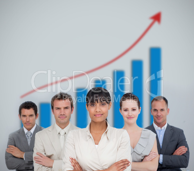 Business team smiling with a graph illustration