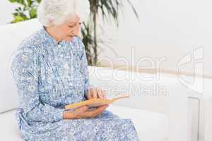 Elderly calm woman reading a old book