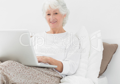 Smiling elderly woman typing on her laptop