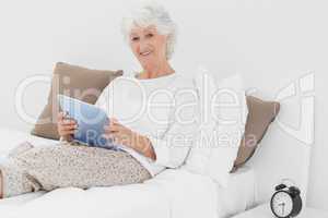 Smiling elderly woman using a digital tablet