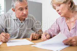 Mature couple discussing with documents