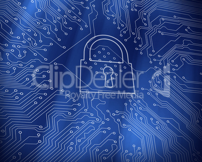 Digital lock on blue circuit board background