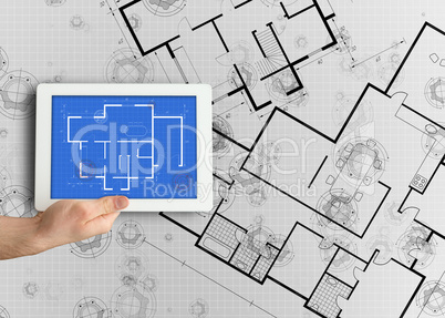 Digital tablet displaying blueprint