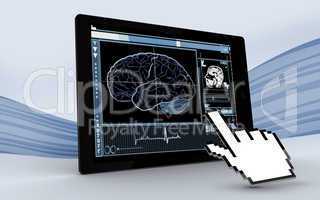 Cursor pointing to tablet showing brain interface