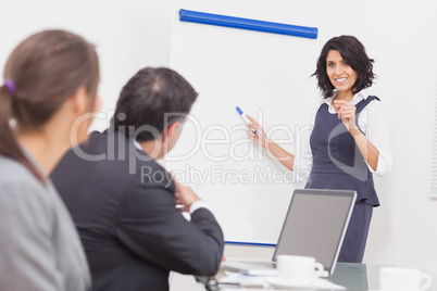 Businesswoman listening to a question and explaining with her ma