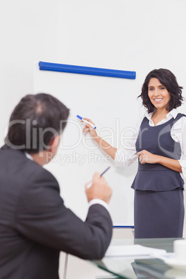 Businesswoman listening to a question and explaining with her ma