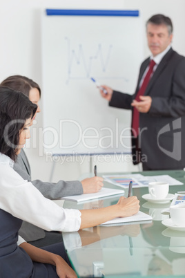 Businessman dictating and his colleagues taking notes