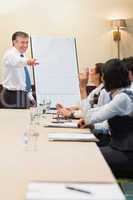 Smiling man pointing during presentation