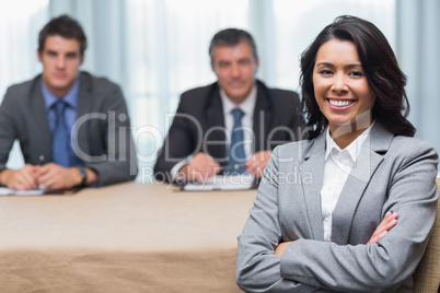 Smiling woman with interview panel