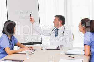 Doctor pointing to board during meeting