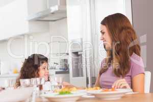 Smiling girl and her mother at the dinner table