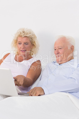 Focused aged couple using a laptop