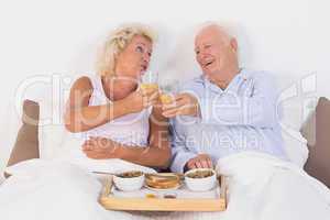 Aged couple toasting with orange juice