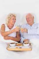 Old couple toasting at breakfast with orange juice