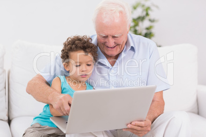 Grandfather and grandson watching a laptop screen