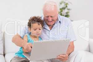 Grandfather and grandson watching a laptop screen