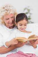 Granddaughter and grandmother reading a novel together