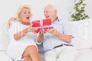 Surprising old woman receiving a gift