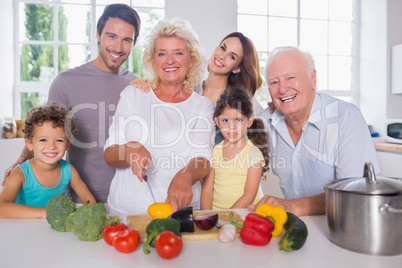 Multi-generation family cutting vegetables together