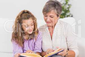 Portrait of a child and her grandmother reading a book