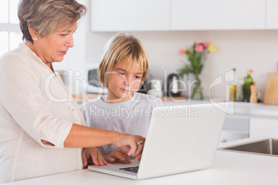 Grandmother showing laptop to a child