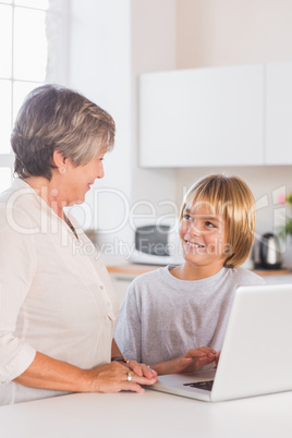 Granny and grandson using laptop