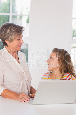 Smiling grandmother and child gazing with laptop