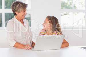 Smiling child and granny gazing with laptop