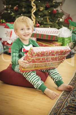 Young Boy Enjoying Christmas Morning Near The Tree