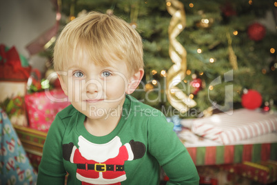 Young Boy Enjoying Christmas Morning Near The Tree