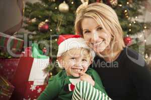 Young Mother and Baby Son Christmas Portrait