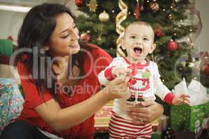 Ethnic Woman With Her Newborn Baby Christmas Portrait